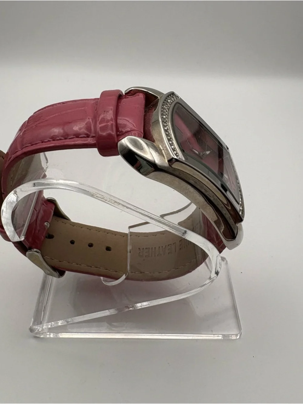 Burgi Pink Crystal Accent Rectangle Watch Crocodile Band‎ BTV011 Works!